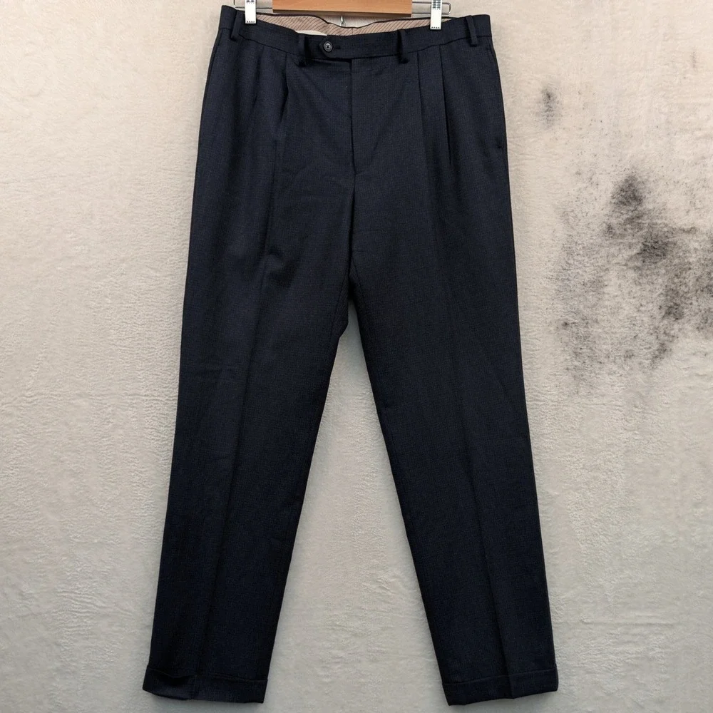 VTG Lauren Ralph Lauren Dress Pants Men's 37x34 Navy Wool Pleated Cuffed Y2K